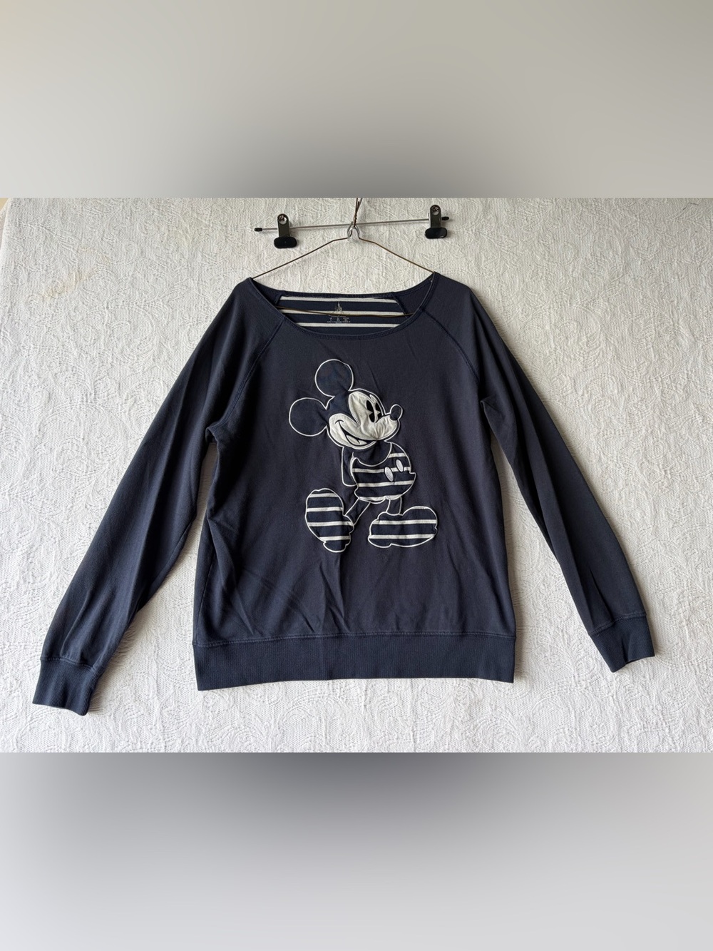 Disney Navy Crewneck Sweater with Striped Mickey Graphic